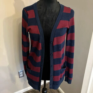 XXI size small‎ navy and burgundy  striped button down cardigan with pockets